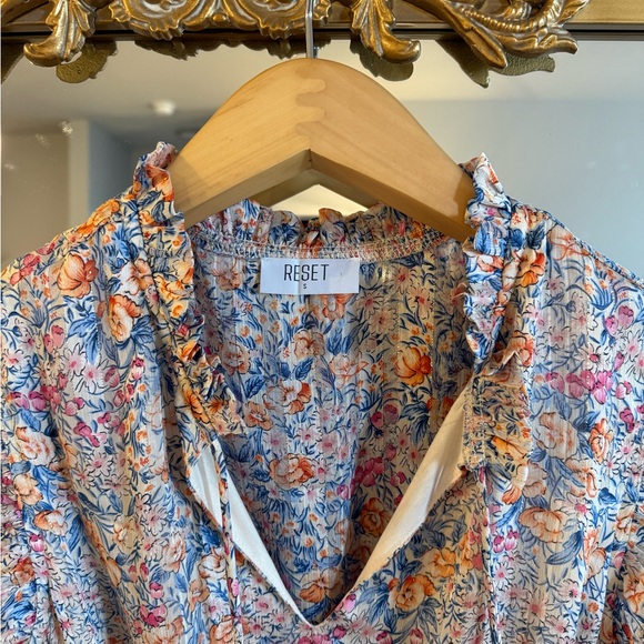 RESET by Jane Floral Shimmer Ruffle Flutter Sleeve High Low Mini Dress S - Picture 3 of 12